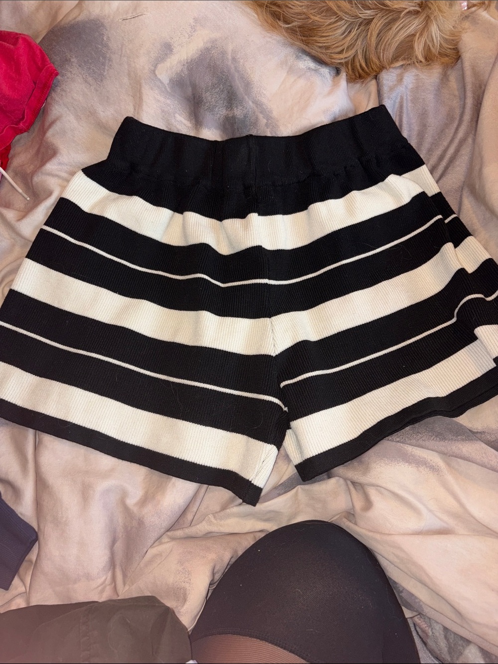 High-Waist Black & White Striped Knit Shorts
